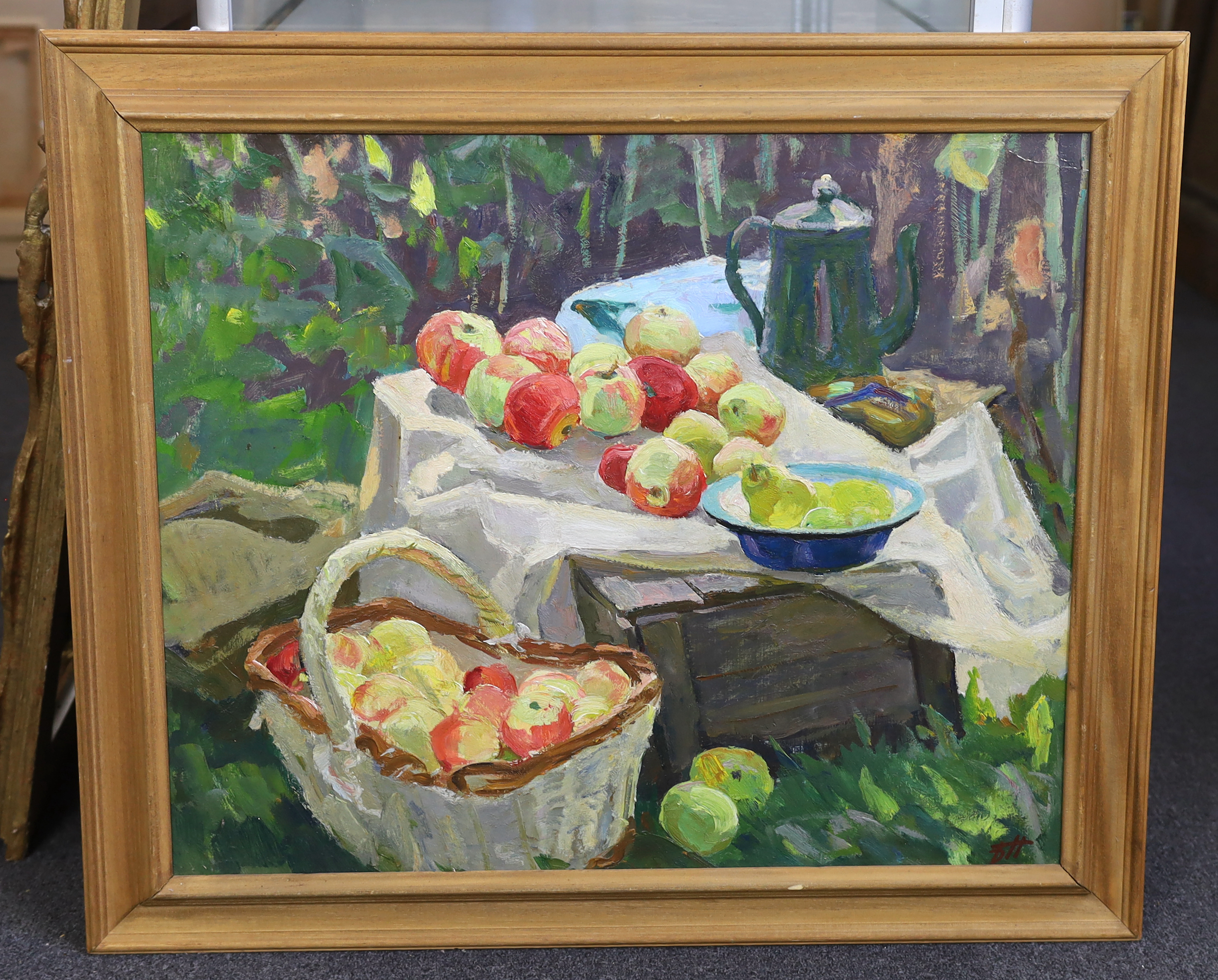 Boris Makhalov (Ukranian, b.1925), oil on card, Still life of apples, monogrammed 56 x 68cm